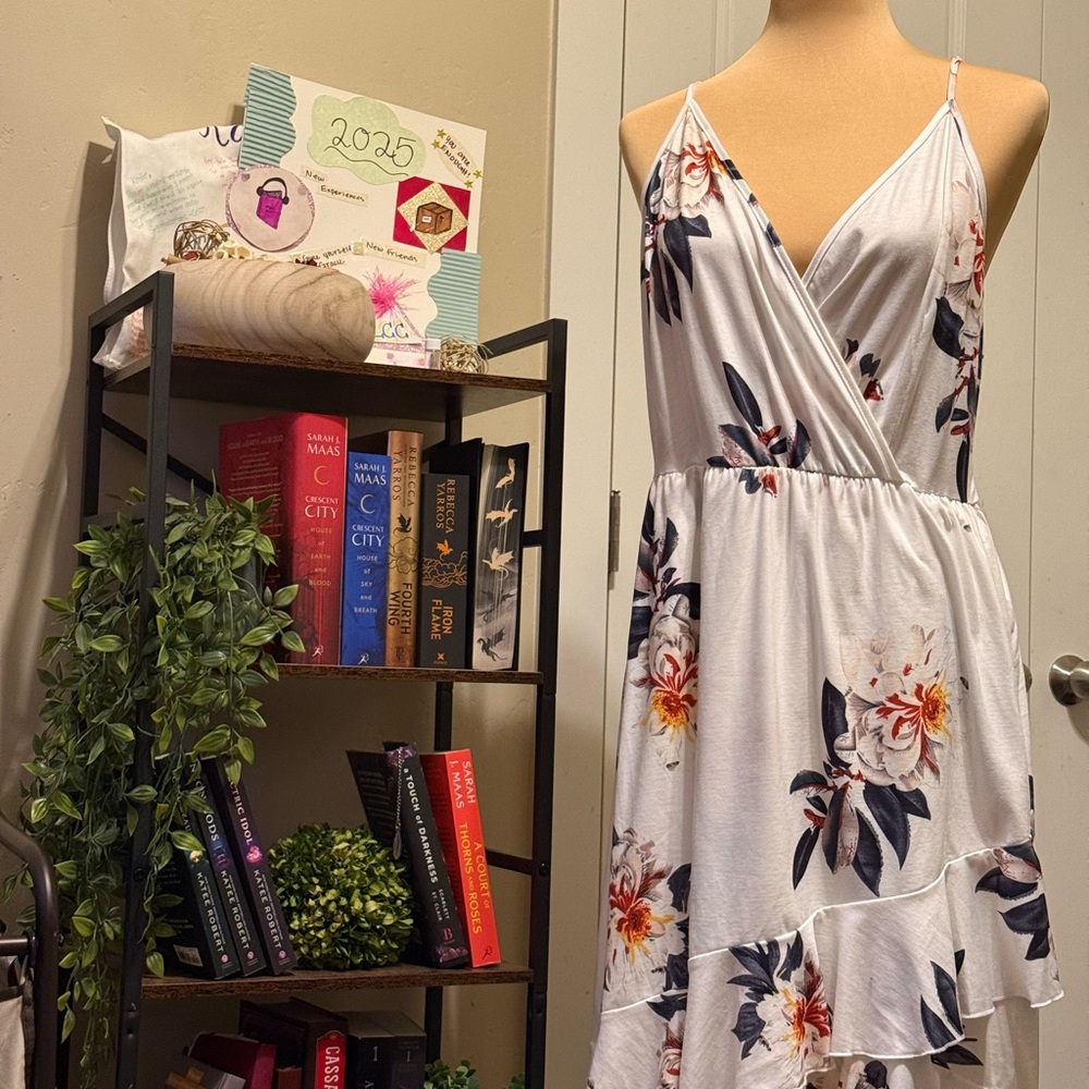 Floral V-neck Sundress - White with Red, Orange and Blue Accents